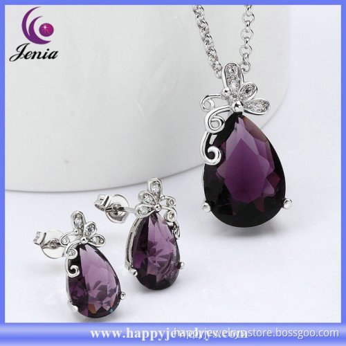 Butterfly shaped earring , pendant gold plated purple zircon costume jewelry set (KFVRS006)